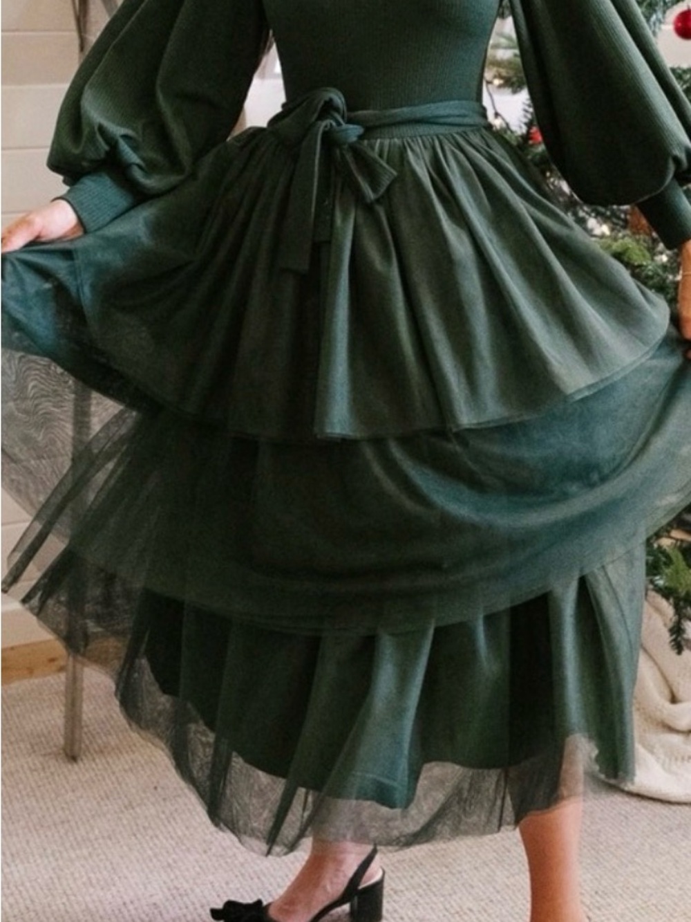 Ivy City Co Dark Green Tiered Maxi Dress with Puff Sleeves - Picture 2 of 10